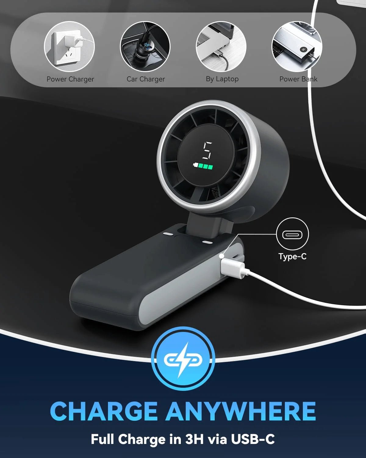 Ventilateur portable 3 en 1 turbo, 5 vitesses, batterie 3600mAh Power, Digital Screen - heuremarket
