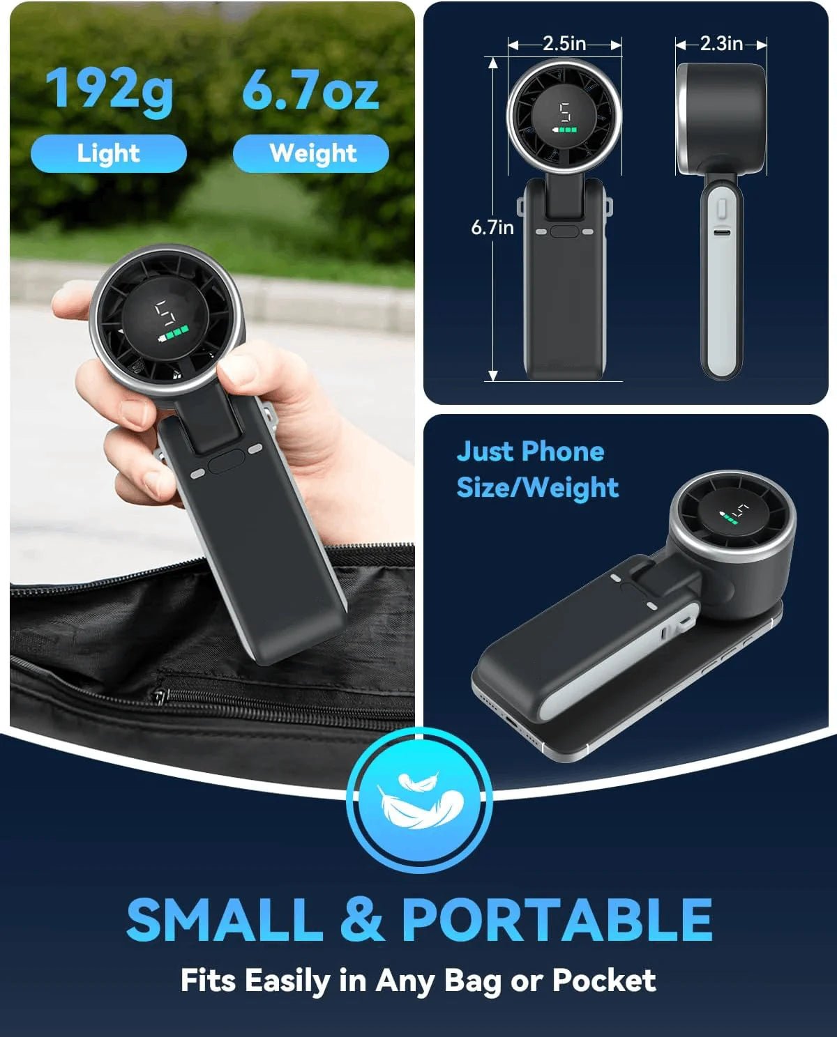 Ventilateur portable 3 en 1 turbo, 5 vitesses, batterie 3600mAh Power, Digital Screen - heuremarket